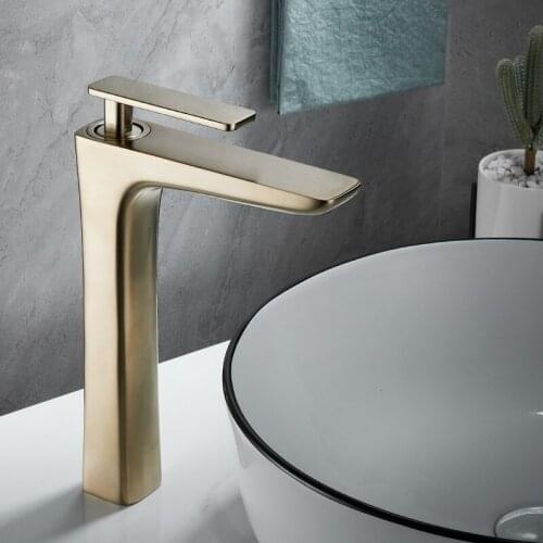 Brushed Gold Bathroom Basin Faucets Solid Brass Sink Mixer Water Tap Hot & Cold Single Handle Deck Mounted Lavatory Crane Vessel