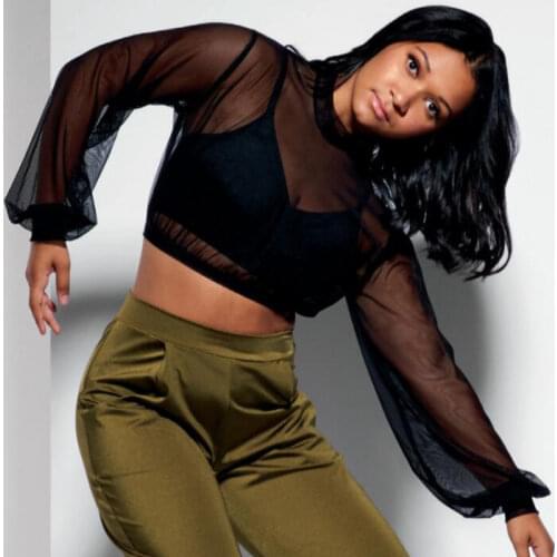 Mock Neck Fashion Puff Long-Sleeve Modern Dance Crop Top Hip Hop Jazz Stretch Mesh Placetice Clothing Performance Wear