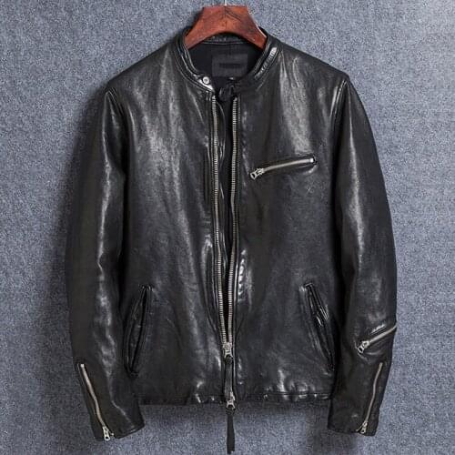 2020 Black Men Slim Fit Bikers Jacket Stand Collar Genuine Sheepskin Spring Fashion Motorcycle Leather Coat