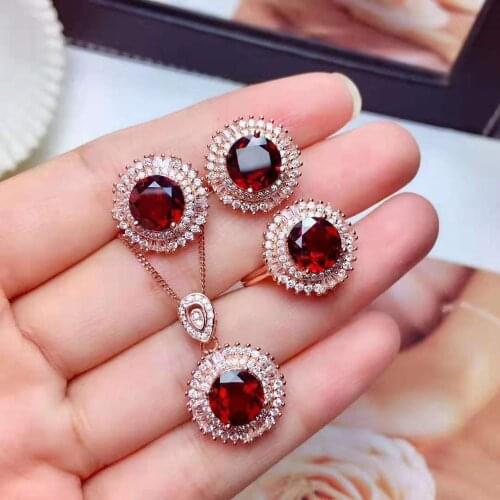 Natural Circular Garnet S925 Ring Earrings Pendant Necklace Set Fine Fashionable Jewelry For Women Free Shipping MeibaPJFS
