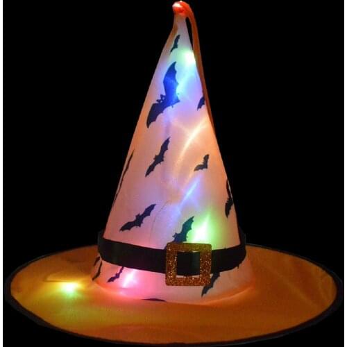 2021 New Halloween LED Glowing Witch Hat-Orange Bat Pattern with Light Cosplay Clothes Pointed Cap Party Supplies