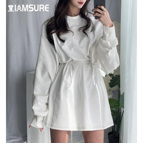 IAMSURE Korean Style Basic Drawstring Dress Loose Casual Slim Solid Long Sleeve Mini Dresses For Women 2021 Streetwear Fashion