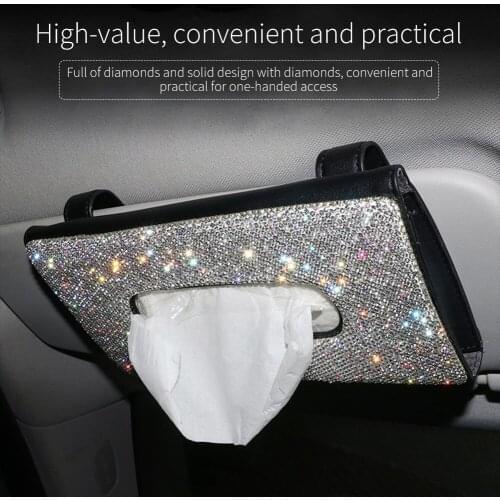 Crystal Diamond Car Visor Tissue Holder Hanging Leather Bling Rhinestone Paper Towel Cover Case for Women Car Accessories