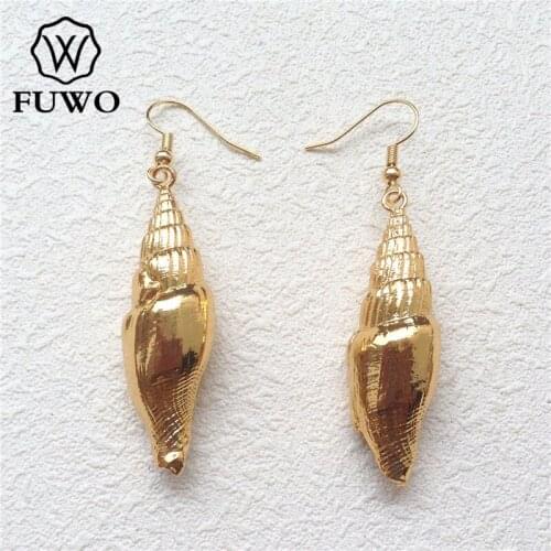 FUWO Natural Spiral Seashell Earrings With 24K Gold Dipped Minimalist Design Ocean Beach Island Long Trumpet Shell Earring ER503