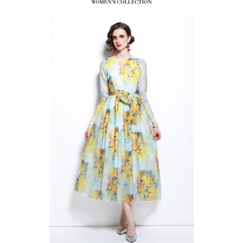 Early autumn new print chiffon dress long sleeve slim tie big swing elegant skirt
