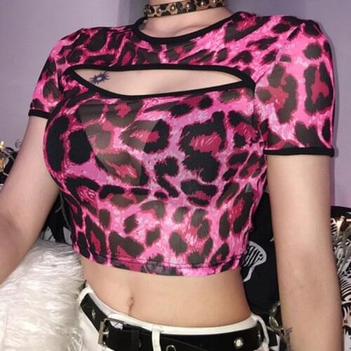 Sexy Ladies T-Shirt New Hole O Neck Sexy Leopard Print Multicolor Nightclub Female T Shirt Casual Street Cropped Top