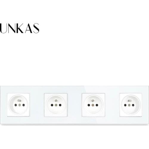 UNKAS 4 Gang Crystal Glass Panel French Standard Wall Socket 258*86mm Power Plug Grounded 16A Gray Electrical Outlet