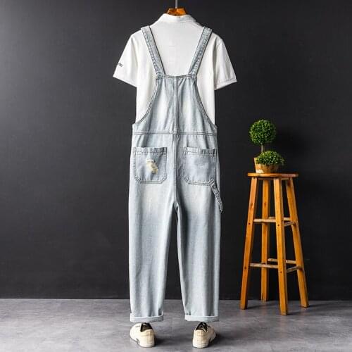 Japan Style Vintage Men Denim Jumpsuits Summer New Casual Ripped Hole Beggar Jeans High Street Light Blue Cowboy Overalls S-2XL