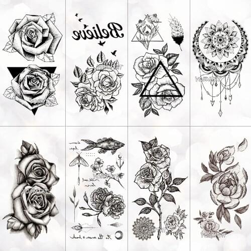 Waterproof temporary tattoo stickers on the body art temporary men tattoos lines rose fake tattoo stickers temporary tattoos