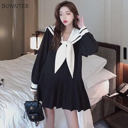 Dresses Women Long Sleeve Sailor Collar Autumn A-line All-match College Stylish Japanese Preppy Style Mini Empire Popular Black
