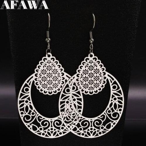 2021 Fashion Hollow Big Stainless Steel Dangle Earrings Women Silver Color Antique Earrings Fashion Jewelry pendiente E1546S02