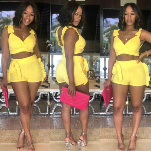 2020 Two Piece Suit Summer women crop tops High Waist Shorts 2pcs Ruffles Bow outfits Ladies Yellow Slim matching Clothes Set