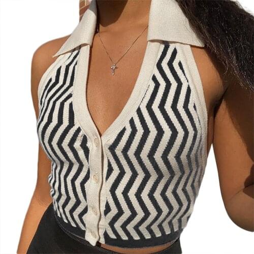 Sexy Summer Womens Vest Wavy Pattern V-neck Shirt Breasted Lapel Tanks Tops Knitted Sleeveless Blouse