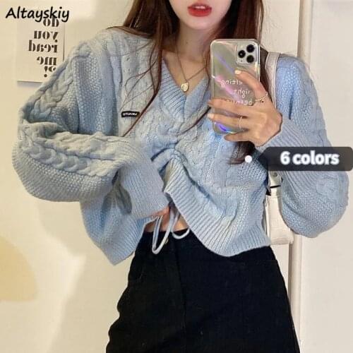 Cropped Sweater Women All-match Spring Lace-up Design Slim Chic Ladies Knitwear Ins College V-neck Teens Pullover Fall Stylish
