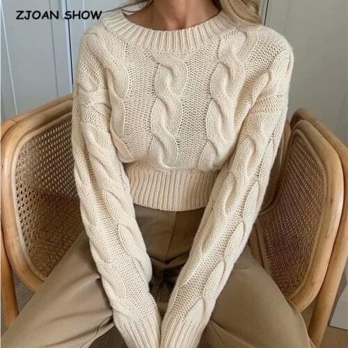 2021 Autumn Vintage Solid Twist Cropped Sweater Sexy Round Collar Long Sleeve High Waist Short Jumper Chic Knitwear Apricot