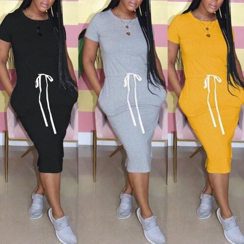 Women Solid Color Short Sleeve Drawstring Pockets Casual Dress Summer Short Sleeves Sheath Dress Solid T Shirt Dress