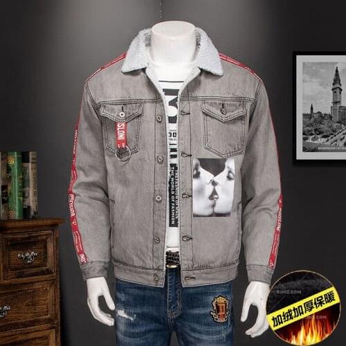 Winter Gray Mens Autumn Denim Jacket Thick Cashmere Man Cowboy Outerwear Youth Warm Cotton Clothes Coats S1110