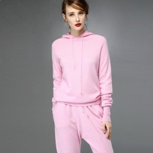 100%goat cashmere solid color womens hooded sweatshirts tie-collar pullover coat retail wholesale S-2XL