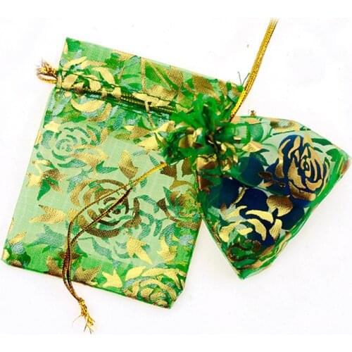 17*23cm 100pcs Green Golden Rose Gift Bags For Jewelry/wedding/christmas/birthday Yarn Bag With Handles Packaging Organza Bags