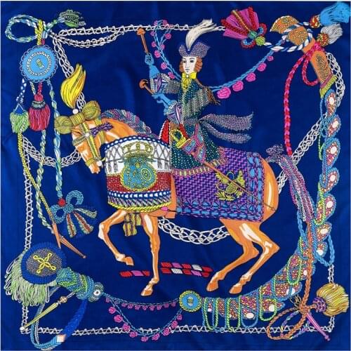 90cm Triumph Red K-Horse Print Twill Silk Scarf Women Square Shawl Brand Hijab Scarf Bandana Leopard Handmade Curled Head Scarf