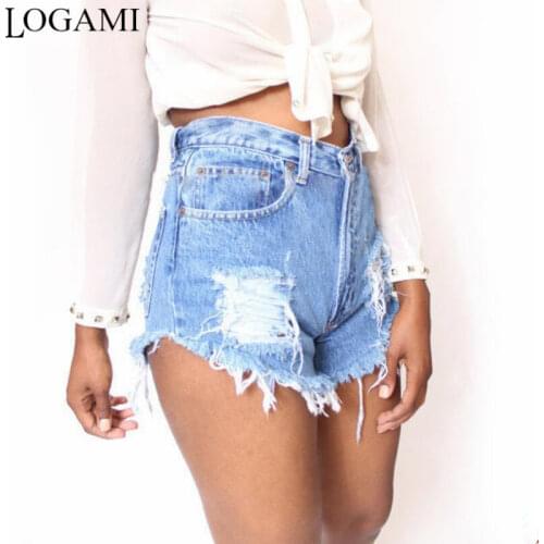 LOGAMI Denim Shorts High Waist Hole Irregular Ladies Ripped Short Jeans Casual Summer Beach 2020 Plus Size