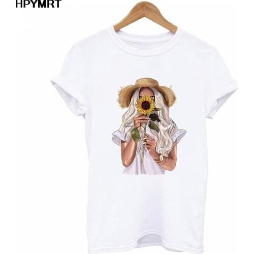 T-Shirt Women Girl with bouquet Print White Casual Ladies Tshirt Fashion Short Sleeves T Shirt Female Clothing Fashion Tops Tee