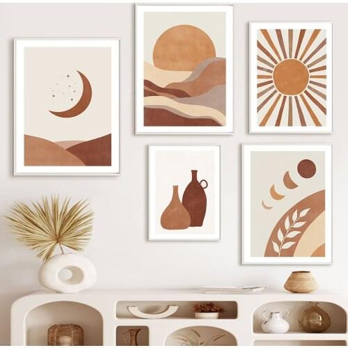 Sun Moon Plant Leaves Abstract Landscape Wall Art Canvas Painting Nordic Posters And Print Wall Pictures For Living Room Decor