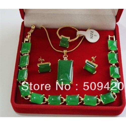 Good Wholesale>>>natural GREEN JADE stone link bracelet Necklace earrings Ring