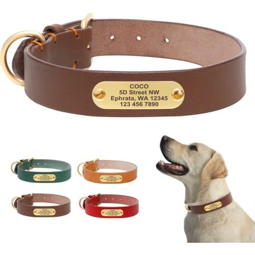 Custom Dog Collar Durable Personalized Pet Dog Collars Engraved Genuine Leather Collars For Small Medium Large Dogs