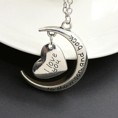 Heart and Moon Pendant with Letter I LOVE YOU Silver color gold color with Metal plated Chain sweater Necklace