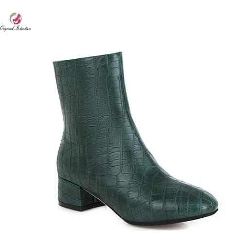 Patent Pu Leather Boots Women Ankle Booties Square Toe Female Thick High Heels Shoes Ladies Party Shoes Winter Plus Size 33-48