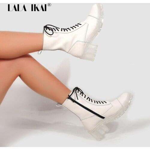 LALA IKAI Genuine Leather Boots Women 2020 Autumn Winter White Ankle Boots Transparent Bottom Plarform High Heel Boots WC10244-4