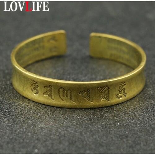 Brass Buddhist Scriptures Cuff Bangles Pure Copper Buddhism Mantra Lucky Bracelets Vintage Adjustable Women Men Hands Jewelry
