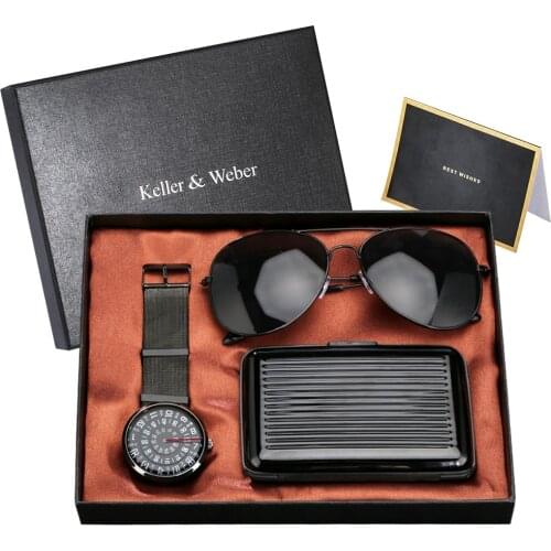 Quartz Watches Mens Gift Set Credit Card Case Fashion Sunglasses with Box Men Wristwatch Best Gifts for Boyfriend Lover