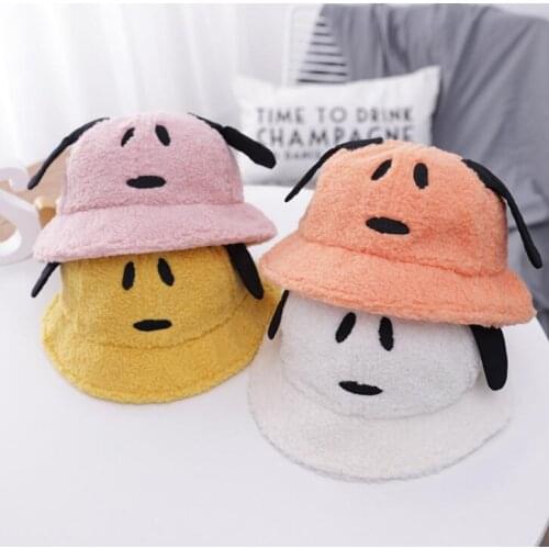 2021 Autumn baby kids Bucket Hats Cartoon Dog lamb wool Winter warm Sun Cap Babys Boy Girls Outdoor Beach Fisherman Hat