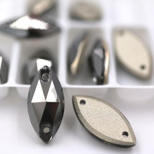 7x15mm Leaf shape sew on rhinestones Metal black crystal flatback glass rhinestones for diy Wdding dress/clothing accessories