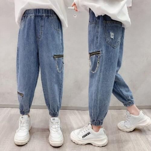 Cool Teen Girls Jeans Pants With Chain New Arrivals Spring Autumn Kids Fashion High Waist Trousers 4 5 7 8 9 10 11 12 13Years
