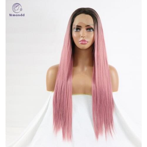 Wmandd Silky Straight Synthetic Lace Front Wigs Ombre Dark Brown Pink Free Part Wigs For Women Cosplay en Heat Resistant Fiber