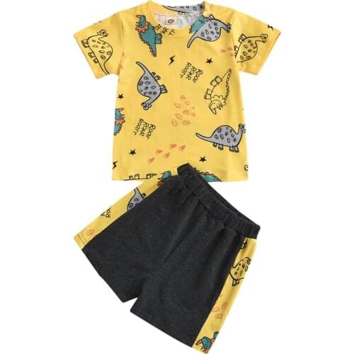 Children Boys Tracksuits Summer Kids Cartoon Dinosaur Short Sleeves T-Shirt with Elastic Waist Shorts for Boys Clothing Set