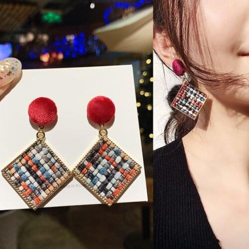 Vintage Jewelry Plush Plaid Earrings for Women 2020 Autumn & Winter New Geometric Square Earrings Fashion Accessories Wholesale