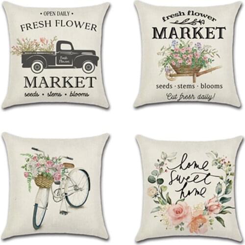 1pcs Flower bicycle truck spring farm theme 45*45cm Cushion Cover Linen Throw Pillow Car Home Decoration Decorative Pillowcase
