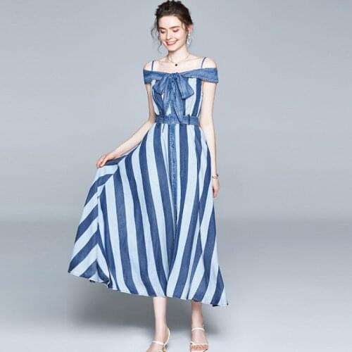 2020 New Fashion Summer Denim stripe Bow sexy slash neck Single Breasted elegant Belt Denim Big Swing Maxi Dress Femme Robe