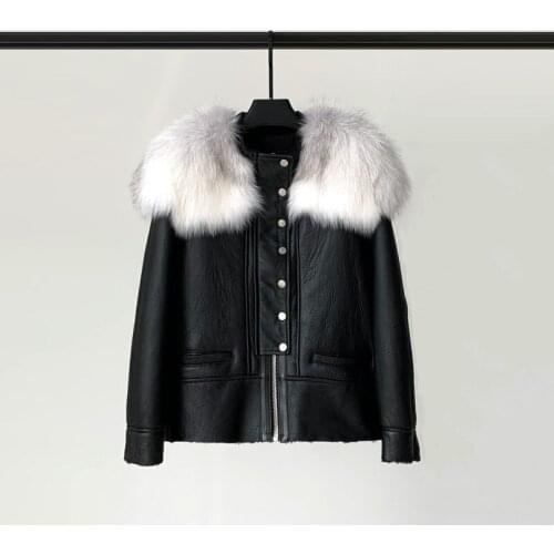 2021 Winter New Fur One-piece Coat Womens Leather Lamb Hair Short Locomotive Fox Fur Collar Fur Tide