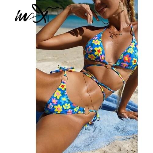 In-X Bandage bikini set Floral print swimwear female Triangle swimsuit women Ring bathing suit Sexy High cut bathing suit sexy