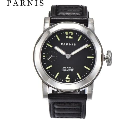 Fashion 43mm Parnis Mechanical Hand Wind Watch Men 100M Waterproof Watches Sapphire Crystal Luminous Leather Strap 2021 With Box