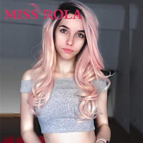 MISS ROLA Long Pink Synthetic Hair Wigs for Women Middle Part Wavy Cosplay Wigs Heat Resistant Natural
