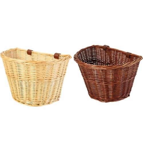 Retro Rattan Bike Front Basket Bicycle Cycling Handlebar Cargo Storage Container with Belt for Bicycle Parts Accessories