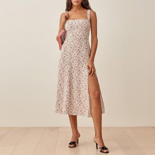 Summer Dress 2021 Sleeveless Ruched Elastic Strap Sexy High Slit Midi Dress Elegant Vacation Vintage Floral Dress Women Clothing