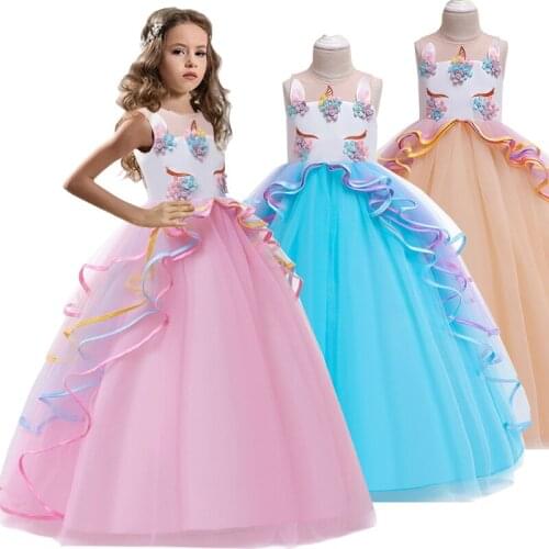 Summer High-grade Birthday Evening Party Child Wedding Dresses 4-14Y Girls Embroidered Applique Unicorn Long Christmas Dress