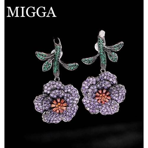 MIGGA Luxurious Vintage CZ Crystal Flower Dangle Earrings Black Gold Color Plated Cubic Zircon Women Jewelry